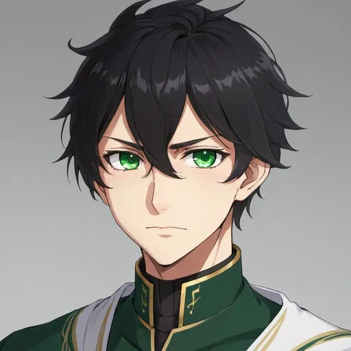 Prompt: Green_Eyes, Son of Fourfolding Grace, Black_Hair, Founder of Gold and Honor, Specific Anime Juncture Point