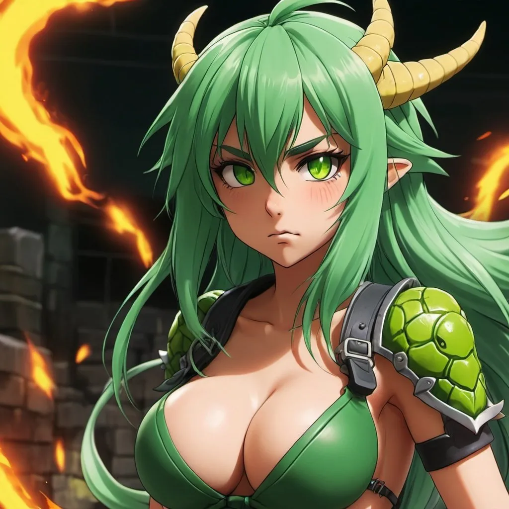 Prompt: Green_Hair, Puffy Dragon Girl, Drunk, Angry, Blind Warrior of 50 Legions of Demons, Anime, Focused on Destroying Dorodon, Ideal Collective Radiance