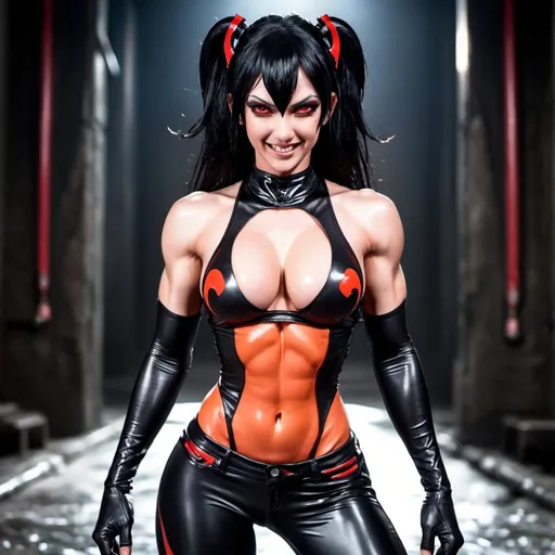 Prompt: Black_Hair, Coy Smile, RedMarked_Eyes, Sports-Fit, Flex-Latex Pants, Super Muscular, Demonic Succubi, Lava, Lovely Stomach, Imprint of Humanity, Anime Showcase, True Passion