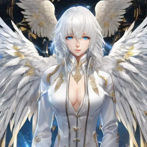 Prompt: White_Hair, Blue_Eyes, Anime, White-Gold Tail Coat, Beautiful Angel, Button-Bold Shorts, Symmetrical Face, Trident of Severity, High Quality, by Theos Prod.