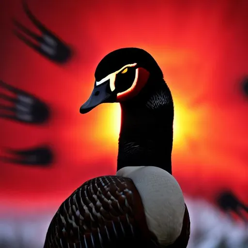 Prompt: Evil Canadian Goose, Red Eye, Demonic Feathers of Doom, Red Revolt