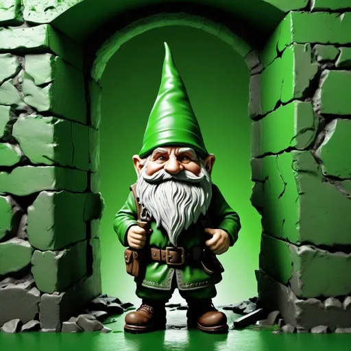 Prompt: Massive Leak, Hole in Wall, Tilted Tower, RPG Gnome Bass Hunter, Religion Stock Rating Picture (Green), This Demands Viewer's Full Attention, Green and Grey Colors Mixing