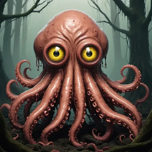 Prompt: Brown Sludge Monster, Yellow_Eyes, Dirty Filmy Subtype, Aggressive Rouge Maelstrom, Honestly Just Awful, Cancer, Total Waste <Squid-Chain>, Forest of Curses, Unregulated Neurotoxin  