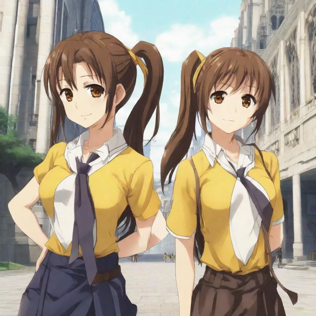 Prompt: Brown_Hair, Brown_Eyes, Yellow_Shirt, Pony-Tails, (Geener 3:2) Positive Anime Incidents, Unusual Background