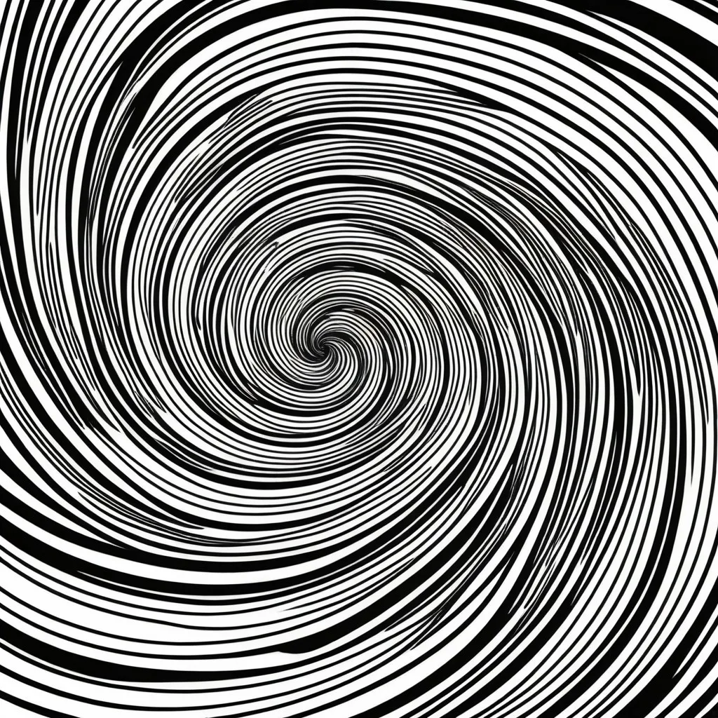 Prompt: Black and White, 70s line art, swirling trippy lines, Achromatic, lsd-10:10 (hashbin 1;2) Detailed Thin Black and White Lines Spiral