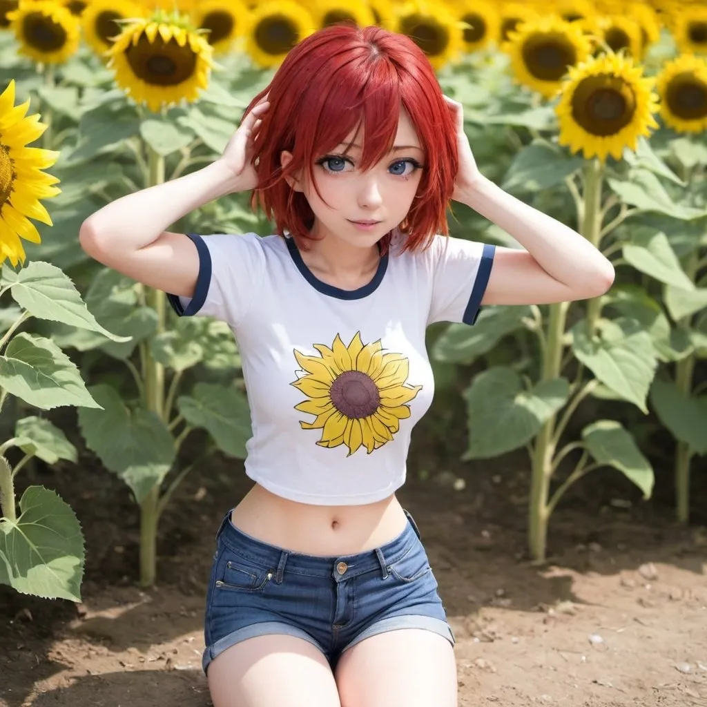 Prompt: Sunflower Red_Hair, Yellow Cut_lo(Shirt), Bottom Belly Blue Short Jeans, Airio Anime, Interjection 