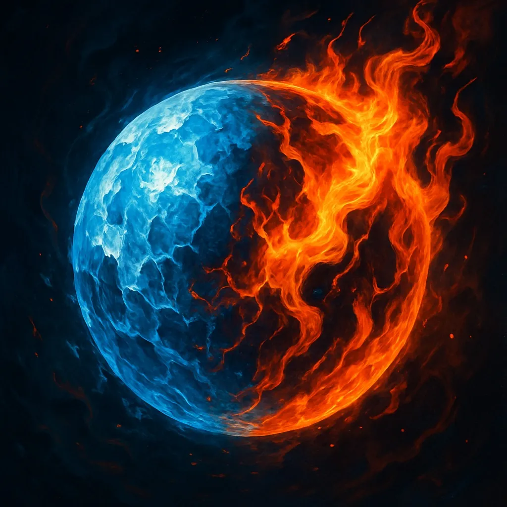 Prompt: ice big ball mixed with flame, outer crazy zone style