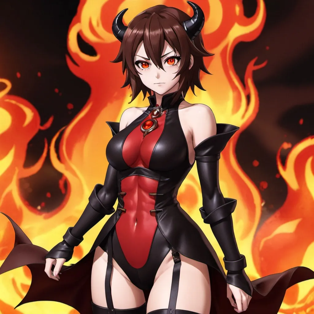 Prompt: Red_Eyes, Deep-Set Brown_Hair, Silk Leather Bottoms, Drunk, Feminine Sleek, Fire Cask Top, Demon Energy 8, Divine Nature Chakra Anime, Daughter of Lucifer