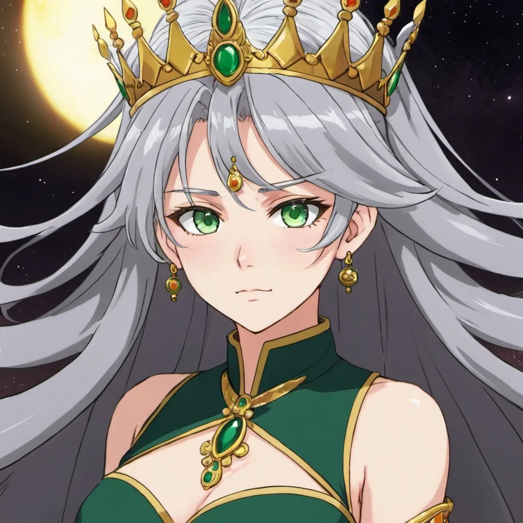 Prompt: Grey_Hair, Green_Eyes, Royal Ojiou Traditional Fit, V-Top, Swirl of Destiny XR Anime, Empress of Totality