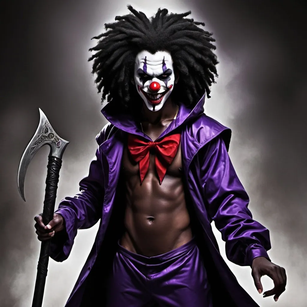 Prompt: Black_Hair, Ugandan, Long Tall Wavy Afro, Clown Nose, Pitch Dark Skin, Anime, Demonic Purple Scythe, Hooded Energy, Fun Juggalo Horror