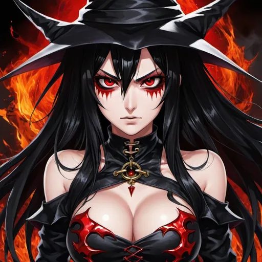 Prompt: Black_Hair, Sharp Red_Demon Eyes, Heavy Black Oil, Wild Free, Drunk, Witch of Chaos and Malice, Anime, Fearless and Cunning, Terrible and Evil, Rude and Selfing, Haughty