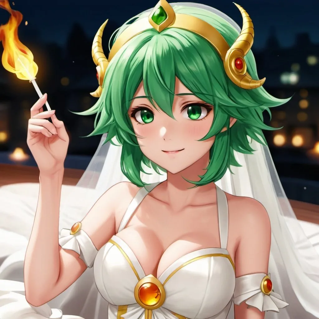 Prompt: Green_Hair, Puffy Dragon Girl, Drunk, Madness Extroverted, Soft Cute Gaze, Blind Warrior of 50 Legions of Demons, Anime, Deck out in Bridal Gear, Vesta Virgo