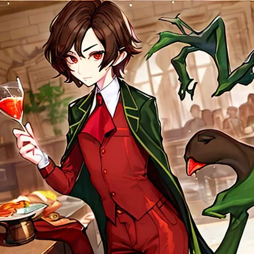 Prompt: Short_Brown Hair, Pointy Nose, Green Handleman, Androgynous, Red Mopped Pants, Bachelor of Breakfast