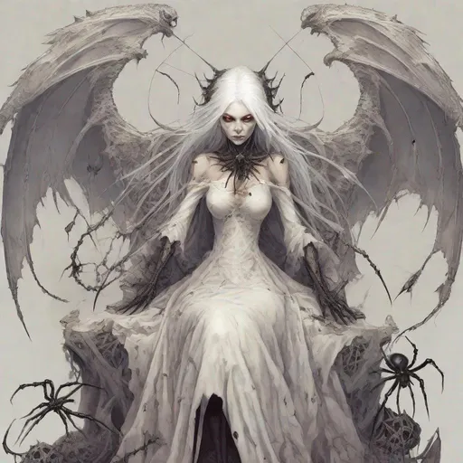 Prompt: White_Hair, Luciferian Wings, Tempress of Discoloration, Horror Glory Buttery Witch, Spiked Dress, Matted Riches, Occult Spiders