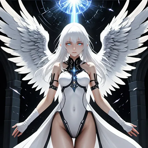 Prompt: Cascading Holy Angel, White_Hair, Future Black Void Chaos, Artpurity, Anime, Fantastic View, Blinding Light