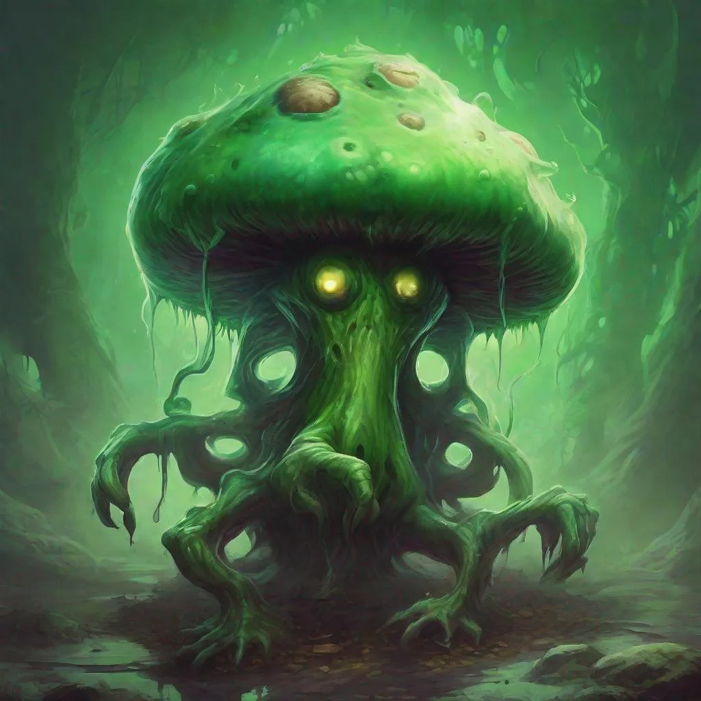 Prompt: Caustic Monster, Green Vile, Mushroom of Degree of Factors, Amorphous Dangerous, Maxed D&D, Hypnotic VIsion