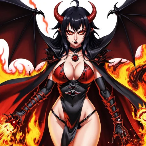 Prompt: Grand Hell-Fire Sorceress, Eye, Red_Evil Eyes, Cape of Fear, Jet Black Hair, Anime Succubus, True Terror of Lust of Hatred, Liar and Smirk of Ancestral Greed