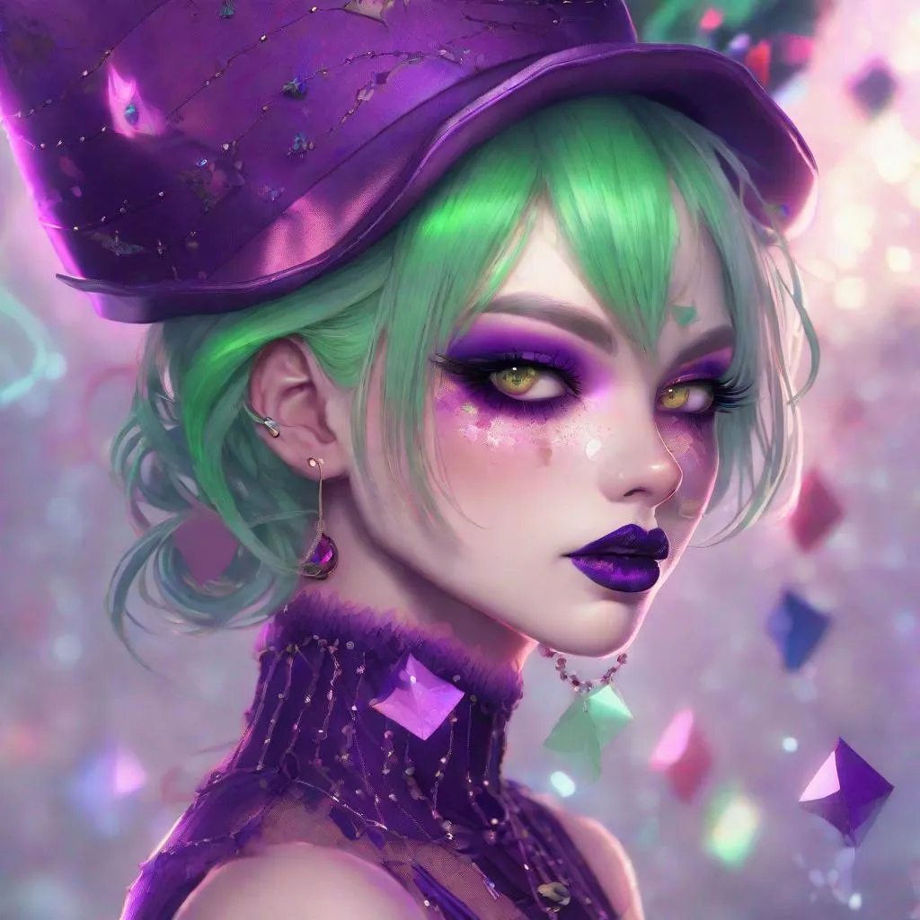 Prompt: Miss Magigsi, Low-Tone_Skin, Purple Poison, Stunning Makeup Detail, Anime, Circus of Sound, Green_Voltage, Carnival by Snail-eze.wav