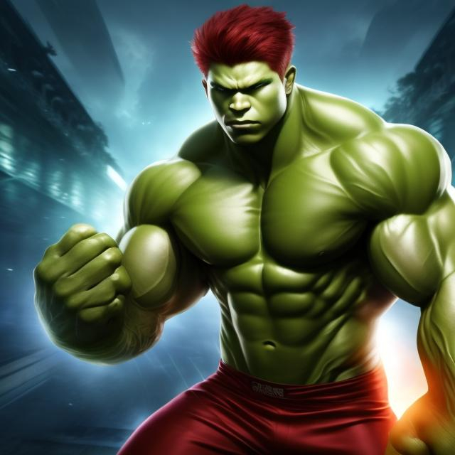 Prompt: Red_Hair, Green_Code, Gym Ranger, Aggressive, Hulker Habits, Nansing-Wa, Rank 11