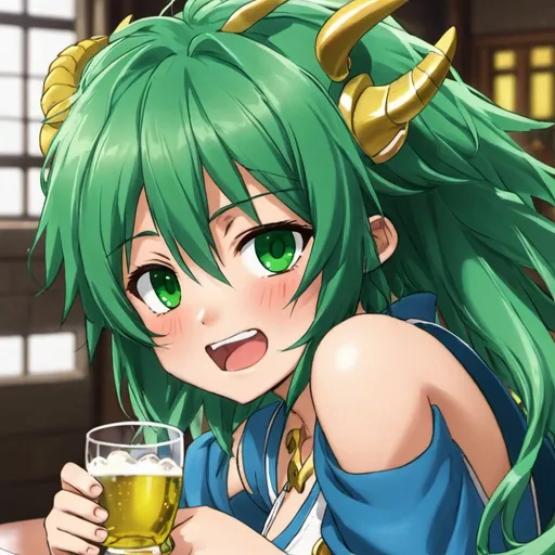 Prompt: Green_Hair, Puffy Dragon Girl, Drunk, Madness Extroverted, Embarrassed, Blind Warrior of 50 Legions of Demons, Anime, Grand Gesture of Rube Behavior, Unsightly Moron