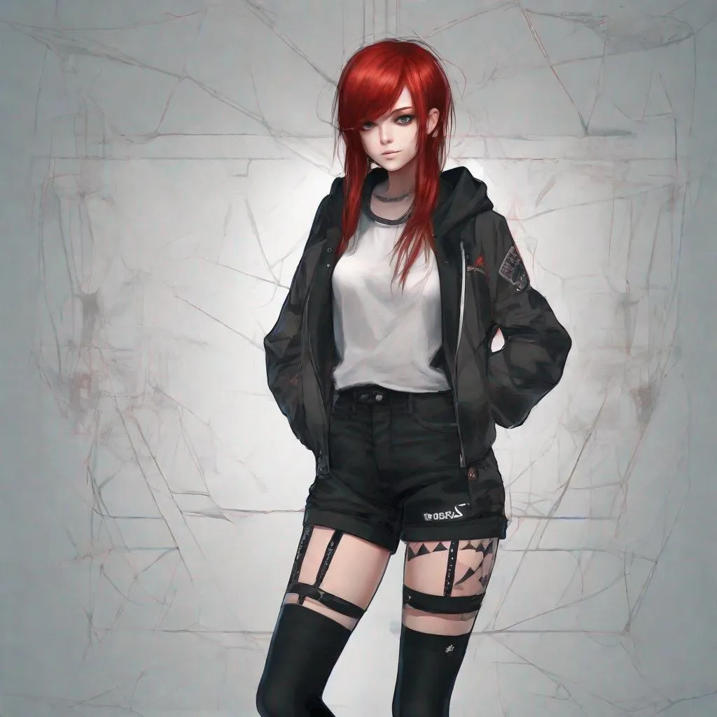 Prompt: Neurofunk, Black_Shorts, Punk, Emo-Granker, Red_Hair, Anime, Symmetrical, Thigh-Highs, Realistic Emotion, Declaration, by Beb72