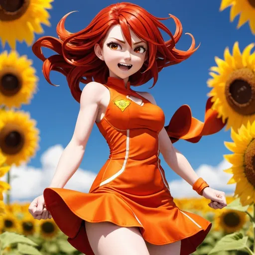 Prompt: Red_Hair, Lava Anime Lady, Powers of Luck & Skill, Notorious, Radical Radius, Orange Dress, Leg Sheen, Tomboy, Cheer and Joy, Joy of Sunflower