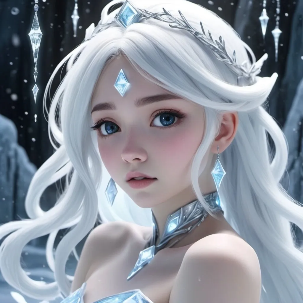 Prompt: Ice Princess, White Glowing Anime Hair, True Neutrality, Chilling Ice Spell, Trapped in Solstice 