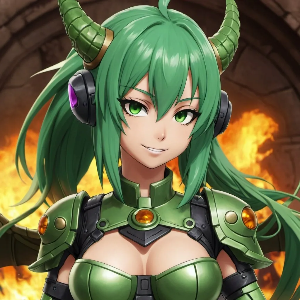 Prompt: Green_Hair, Puffy Dragon Girl, Drunk, Madness Extroverted, Silent Mastery, Blind Warrior of 50 Legions of Demons, Cyborg Retcon, Anime, Clay Iron Heat Mix, Gear, Expansion of Paradise Lost