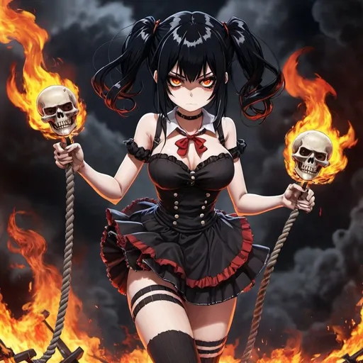 Prompt: Black_Hair, Evil Immoral Girl, Anime, Terrible Woman, Anime, Fire Merge, Small Skirt, Polished Leg-Socks, Puppet Face, Disturbing Imagery, Ropes and Iron Skull