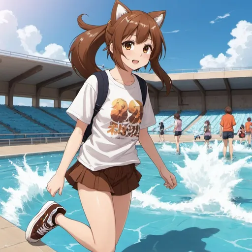 Prompt: Brown_Hair, Format Sneakers, Brown_Bushy Tail, Light-Anime_Girl, Full Allocation, GreatTime, T-Shirt, Wave Pool Movements