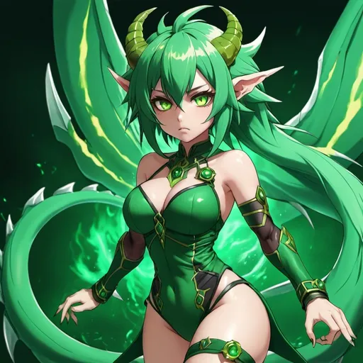 Prompt: Green_Hair, Puffy Dragon Girl, Drunk, Terrible Vast Powers, Blind Warrior of 50 Legions of Demons, Total Energy Clutch, Anime, Pure Monster Mode, Ideal Collective Radiance