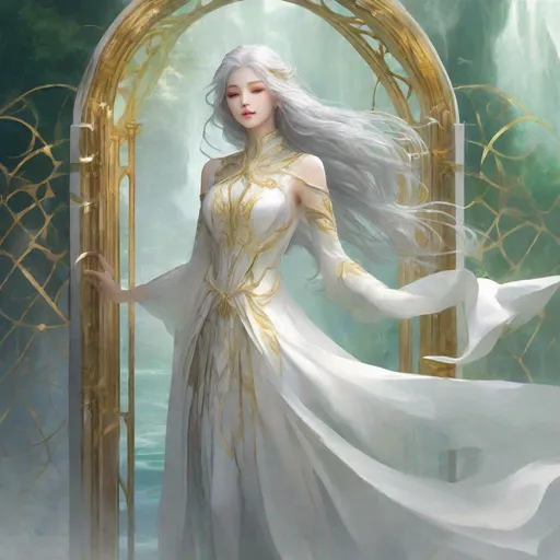 Prompt: Grey_Hair, Looper(Gold, V-Tec Format), Graceful Magic Weaver, White_Dress, Alone, Green, Mist, No-Restoring, Mystical Gates of Murk, Gentle Swindler, Ocean of Void