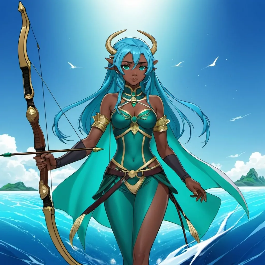 Prompt: Teal_Eyes, Blue_Hair, Nigerian Princess, Ocean of Water, Slyven Amberis the Archer Queen, Anime, Heat Clay, Supreme Ruler, Ice Cold