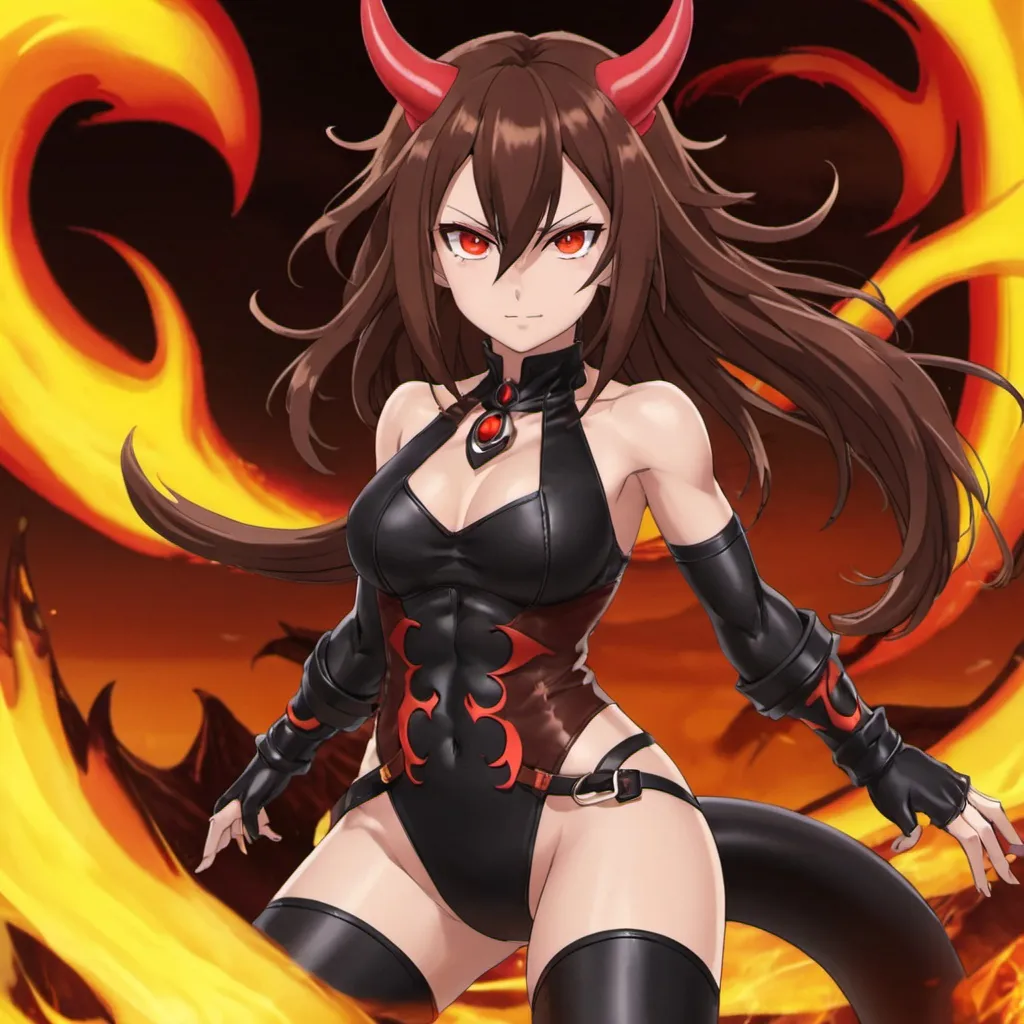 Prompt: Red_Eyes, Deep-Set Brown_Hair, Silk Leather Bottoms, Drunk, Feminine Sleek, Fire Cask Top, Demon Energy 8, Divine Nature Chakra Anime, Daughter of Lucifer