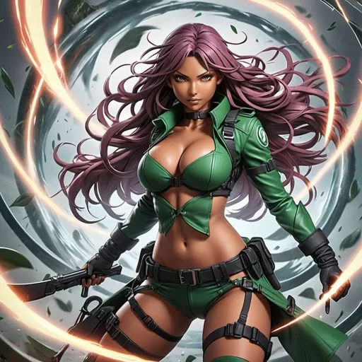 Prompt: Captain Voucher Women, Bold and Strong, Lethal Assassin Wrapped in Clover and Energetic Tornado, Anime, Clay Iron Heat Mix, Gear, Expansion of Paradise Lost