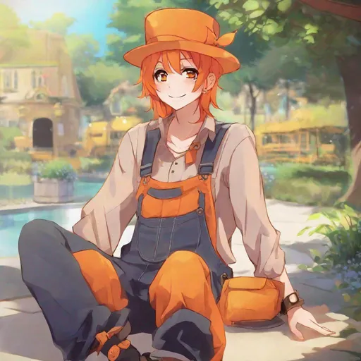 Prompt: Orange_Hair, Overalls, Top Hat, Maylie Benett, Anime, CN2, Polished Everything, Smirk