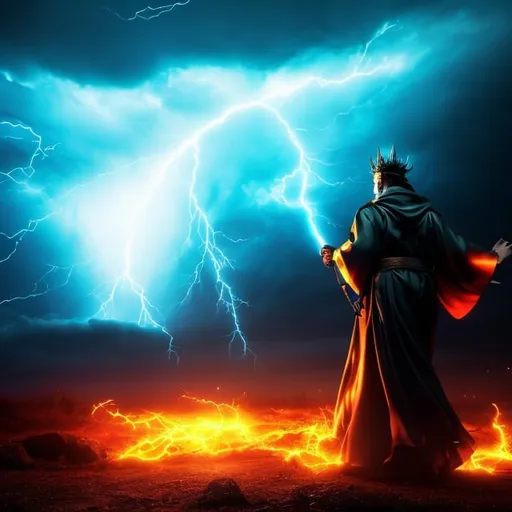 Prompt: Photorealistic image of an undead lightning sorcerer casting a spell inside a violent hurricane while lightning and rain violently swirl around. (eyes glowing blue, wearing glossy robes with gold trim plating and a golden spiked crown, has a lightning aura, Professionally Detailed character, perfect facial structure). Hyperrealism, Vibrant Colors, Cinematic Lighting, Unreal Engine 5, UHD, HDR, 64K Resolution, Concept Art, Masterpiece.
