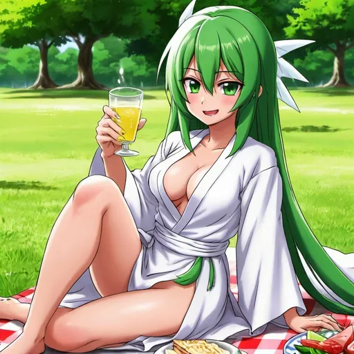 Prompt: Green_Hair, Puffy Dragon Girl, Drunk, Madness Extroverted, Confident, Soft-White_Robe, Blind Warrior of 50 Legions of Demons, Anime, Picnic Spring, Unsightly Moron