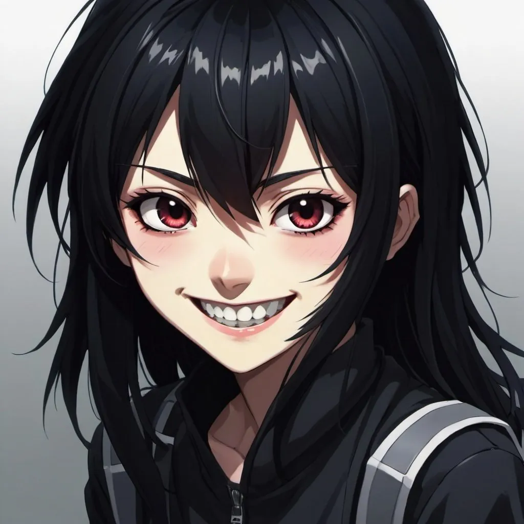 Prompt: Black_Hair, Shadowed Face, Sinister Deep Set Wide Grin, Anime Deluxe, Funky Emo Anime Bangs, Truly Immoral Human, Hiding Truth