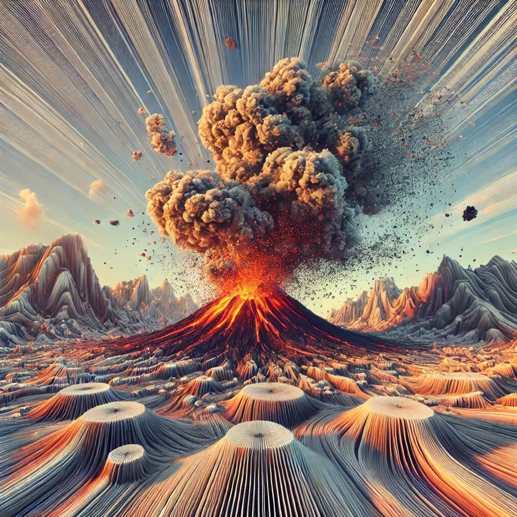 Prompt: Virtual Explosion Volcano, High Flash Rate, Quick Blur Capture, Sand Grains Stray Pixel [3;8] Large Billowing Clouds, Surreal Warped Land, Mastered Lens Art