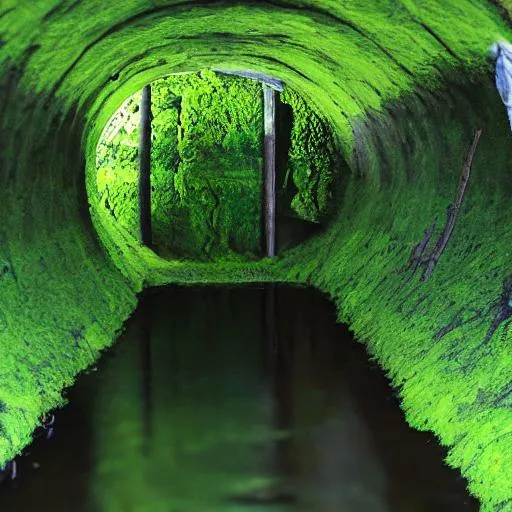 Prompt: lowercase, Sewer Isolation, Green Moss Tunnel, North of Lotus of Luck, Brown Water, Pipes, Water Swift, Murky Opposition 