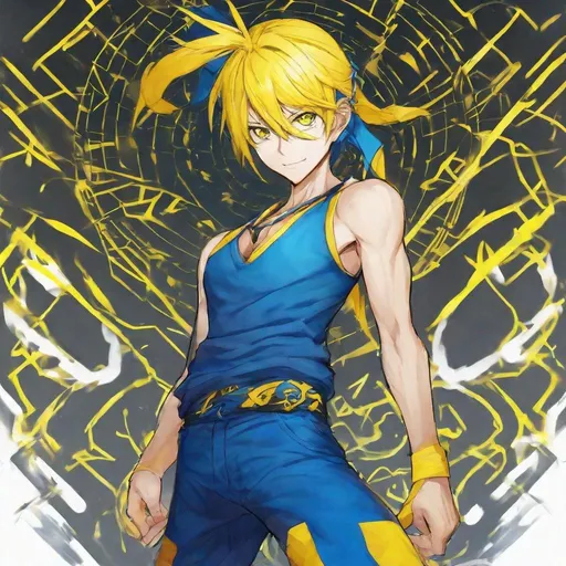 Prompt: Yellow_Hair, Bright Blue Shirt, Charming Wildber, Anime Special Radiant Energy, Wibble Cardio Pant, Band of Lucidity 