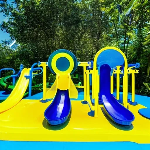 Prompt: Bright Yellow Waterpark Gym, Tall Plastic Wetwild Whacker, Blue Clear Sky, Crystal Clear Water, Water, Jungle Gym, Fun Outdoor Popper, Quick Burst Location, Carnival Upside Large Barrier Fun