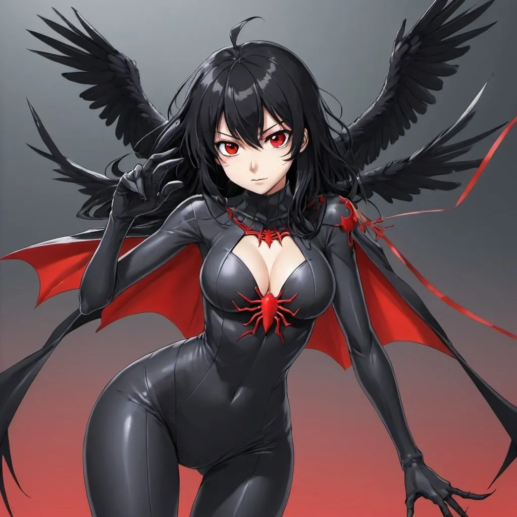 Prompt: Black_Hair, Action Suit, Flimsy Score Grey, Red_Eyes True Immortality, Anime, Joking Kill Spider Crow Mistress of Devil Anime