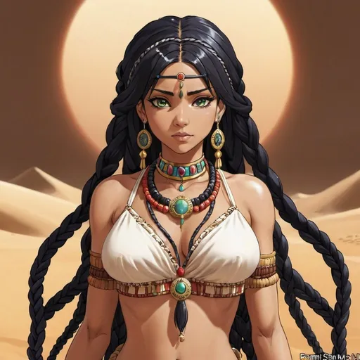 Prompt: Black_Hair, Braided Glory, Saharan Shaman, Jezebel, Anime Elevation Inc, True Purity Incarnate, Smooth_Enter Pomi