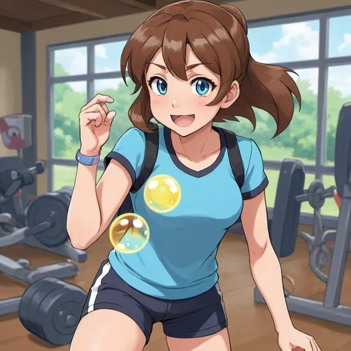 Prompt: Brown_Hair, Blue-Gym Shorts, Bubble Beam 200, Grace Filling, Anime ZYA, Joyous Extrovert, Comically Wired, Determined Athlete, Pokemon Wonder Trainer