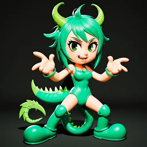 Prompt: Green_Hair, Puffy Dragon Girl, Drunk, Madness Extroverted, Embarrassed, Blind Warrior of 50 Legions of Demons, Anime, Grand Gesture of Rube Behavior, Unsightly Moron