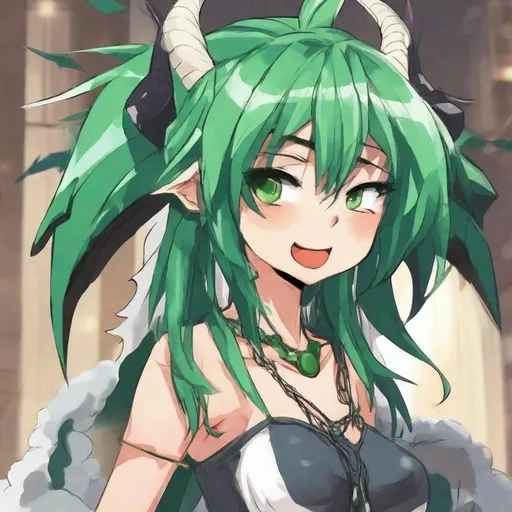 Prompt: Green_Hair, Puffy Dragon Girl, Drunk, Madness Extroverted, Embarrassed, Blind Warrior of 50 Legions of Demons, Anime, Grand Gesture of Rube Behavior, Unsightly Moron