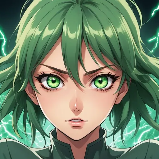 Prompt: Steely Eyes, Green Eyed, Flying Crazy Anime Woman, Snarky and Electric