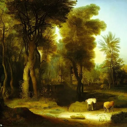 Prompt: oil on canvas, mossy terrain by Rembrandt van Rijn